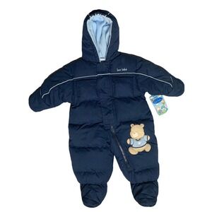 NEW Bon Bebe Warm Fleece Lined Navy Blue Teddy Bear Bunting Snowsuit Size 3/6M